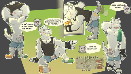 3_toes anthro appliance armpit_hair bent_over biped blush body_hair bottomwear bottomwear_down boxers_(clothing) butt_slap claws clothed clothing cute_fangs dialogue disembodied_hand duo ear_piercing erection fangs feet flip_flops footwear foreskin fridge genitals gesture gloves hand_gesture hand_on_penis hands_above_head handwear humanoid_genitalia humanoid_penis kitchen_appliance leaning leaning_forward male male/male muscular muscular_male open_mouth pants pants_down partially_clothed paws penis piercing pointing sandals shoes slap solo_focus tail teasing teeth text toes tongue tongue_out toothy_grin underwear vein veiny_penis catinatrash1 mythology dragon mammal mythological_creature mythological_scalie procyonid raccoon scalie 16:9 english_text hi_res widescreen