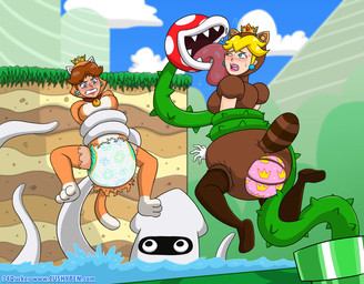 angry bell blonde_hair blue_eyes bound brown_hair cat_costume cat_suit_(mario) cat_tail clenched_teeth cliff clothing cloud collar costume crown diaper duo ear_piercing ear_ring face_lick female gloves grass green_pipe hair handwear headgear licking licking_another long_tongue mountianscape open_mouth peril piercing plant power-up ring_piercing sharp_teeth sky splashing_water tanuki_leaf tanuki_tail teeth tentacles thorns tongue torn_clothing water 34qucker mario_bros nintendo princess_daisy princess_peach blooper elemental_creature flora_fauna human mammal piranha_plant hi_res