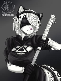 anthro black_body black_fur clothing female fur hair melee_weapon nails pink_nose solo sword weapon white_body white_fur white_hair allartskye nier_automata platinumgames felid feline mammal hi_res