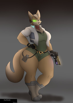 anthro big_breasts boots bottomwear breasts clothed clothing crossgender curvy_figure eyewear female footwear gloves green_eyes hand_on_hip handwear holding_object holding_weapon jacket lipstick makeup scarf shoes shorts simple_background solo thick_thighs topwear weapon wide_hips photolol.03 nintendo star_fox fox_mccloud canid canine canis fox mammal hi_res