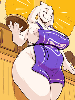 2_horns 5_fingers anthro appliance apron apron_only areola belly bent_arm big_areola big_breasts big_nipples biped black_claws breast_tuft breasts claws closed_smile clothing counter ear_tuft eyes_closed female finger_claws fingers floppy_ears food fur fur_tuft glistening glistening_areola head_tuft holding_food holding_object holding_pie horn huge_areola huge_breasts humanoid_hands ineffective_clothing inside kitchen_appliance legs_together light_body light_fur lop_ears low-angle_view mature_anthro mature_female microwave_oven mostly_nude mostly_nude_anthro mostly_nude_female mouth_closed nipples overweight overweight_anthro overweight_female pastry pie pink_areola pink_nipples puffy_nipples shadow smile snout solo standing thick_thighs tied_apron tied_clothing tuft white_body white_breasts white_ears white_fur white_horn caffeinatedzeph undertale_(series) toriel boss_monster_(undertale) bovid caprine goat mammal 2025 3:4 digital_drawing_(artwork) digital_media_(artwork) hi_res