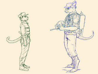 ambiguous_gender anthro armor backpack body_armor boots clothed clothing digitigrade disgust duo eye_contact footwear furgonomic_footwear furgonomic_headwear furgonomics gas_mask gun hat headgear headwear horn looking_at_another male mask military_uniform plantigrade ranged_weapon rifle rolled_up_sleeves shoes side_view simple_background size_difference tail tapering_tail uniform weapon white_background wshfly project_silverfish felid feline inheritor lizard mammal reptile scalie 2026