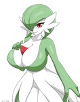 big_breasts breasts female green_body green_hair grin hair hair_over_eye looking_at_viewer not_furry one_eye_obstructed red_eyes simple_background smile solo standing thick_thighs white_background white_body wide_hips soulkibble nintendo pokemon gardevoir generation_3_pokemon humanoid pokemon_(species) hi_res