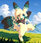 anthro big_tail blonde_hair blue_sky cheek_spots cheek_tuft cleft_tail cloud day detailed_background digitigrade facial_tuft featureless_crotch female field foreground_silhouette front_view grass hair kerchief kerchief_only looking_at_viewer mostly_nude mountain neckerchief neckerchief_only neckwear on_one_leg one_eye_closed open_mouth open_smile pawpads plant pose raised_arm sky smile solo standing tail teal_eyes teal_nose teal_pawpads tuft wink winking_at_viewer bokurei nintendo pokemon fan_character vala_(bokurei) generation_1_pokemon glowchu pikachu pokemon_(species) 2023 full-length_portrait hi_res portrait