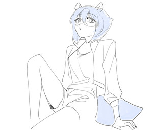 anthro arm_support biped blue_hair bottomwear breasts clothed clothing female hair jacket looking_at_viewer medium_breasts pouting shirt shorts simple_background sitting solo tail three-quarter_view topwear white_background mhcmm909 brand_new_animal studio_trigger michiru_kagemori canid canine mammal raccoon_dog tanuki 2024 hi_res sketch spot_color