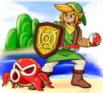 blonde_hair boots clothing duo footwear hair hat headgear headwear holding_object holding_pokeball outside pokeball shield shirt shoes standard_pokeball standing topwear tunic water thewill nintendo pokemon the_legend_of_zelda link humanoid hylian octorok crossover digital_media_(artwork)