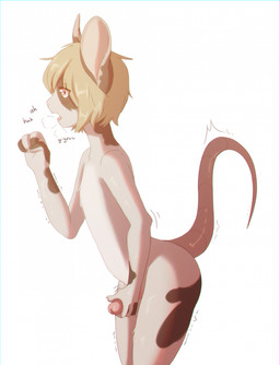 anthro blonde_hair bottomless bottomless_anthro bottomless_male breath breathing butt clothed clothing ejaculation ejaculation_from_handjob embarrassed erection femboy fur genitals hair male markings masturbation moan orange_eyes penile penis risky risky_erection risky_masturbation risky_nudity scared short_hair solo spots spotted_body spotted_fur stakeout stalking submissive submissive_male surveillance yukidrimurr buddy_cassini mammal murid murine rat rodent digital_media_(artwork) hi_res