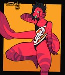 andromorph anthro black_hair clothing conditional_dnp digital_media_(artwork) english_text fish hair intersex marine nonbinary_(lore) raising_cane's red_body remanedur ren_(remanedur) simple_background solo swimwear tail text thick_thighs tongue wide_hips