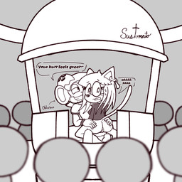 anthro bottomless butt butt_grab clothed clothing coconut dialogue drupe_(fruit) duo ear_piercing exhibitionism female food fruit genitals hair hand_on_butt long_hair male piercing plant public public_exposure public_sex sex shirt speech_bubble tail teeth topwear vulva sussytomato sega sonic_the_hedgehog_(series) cocoa_(sussytomato) lindsey_(sussytomato) domestic_cat felid feline felis haplorhine mammal monkey primate 1:1 hi_res