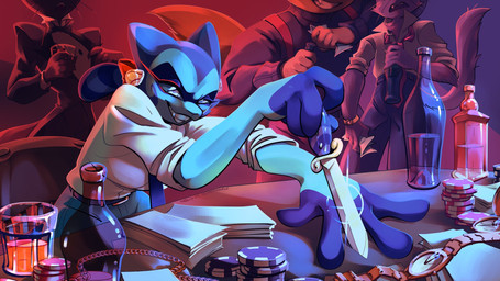 4_fingers alcohol alcohol_bottle anthro beer being_watched beverage beverage_bottle blue_body blue_fur bottle breasts clock clothed clothed_anthro clothed_female clothed_male clothing container fangs female fingers five_finger_filet fur gambling group humanoid_hands knife locket looking_at_another male obscured_face poker_chip smile solo_focus teeth watch squiderdoodle cazadora_(rentonreverb) domestic_cat felid feline felis mammal procyonid raccoon 16:9 hi_res widescreen