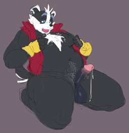 anthro balls biped black_balls black_nose black_penis blue_eyes bodily_fluids bottomless bottomless_anthro bottomless_male clothed clothing cum cum_drip dripping ear_piercing ear_ring erection fur genital_fluids genitals glans grey_background humanoid_genitalia humanoid_penis kneeling male moobs nipple_fetish nipple_play open_mouth overweight overweight_anthro overweight_male penis piercing pink_glans puffer_vest red_clothing red_topwear red_vest ring_piercing short_tail simple_background solo tail teeth topwear vest white_body white_fur barkxfang bradley_the_badger_(game) bradley_(bradley_the_badger) badger mammal mustelid musteline 2025 digital_drawing_(artwork) digital_media_(artwork) hi_res