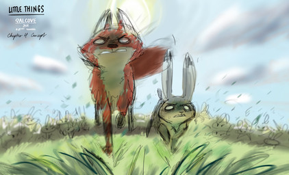 ambiguous_gender cloud detailed_background dipstick_ears ear_markings feral fur grass grey_body grey_fur group multicolored_ears orange_body orange_fur outside plant running sky sun text qalcove disney zootopia judy_hopps nick_wilde canid canine fox lagomorph leporid mammal rabbit red_fox true_fox 2018 absurd_res english_text hi_res