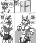 abs anthro balls belly biceps big_biceps big_muscles big_penis biped blush bodily_fluids bottomless butt clothed clothing comic deadanthro dialogue english_text equid eyewear flexing foreskin front_view genitals glasses hair half-erect hand_on_hip huge_muscles huge_penis humanoid_genitalia humanoid_penis hyper hyper_muscles male mammal manly mature_anthro mature_male monochrome murid murine muscular muscular_anthro muscular_male nipples nude partially_retracted_foreskin pecs penis pose rat rodent simple_background solo standing sweat text thick_penis topless towel underwear vein veiny_penis window