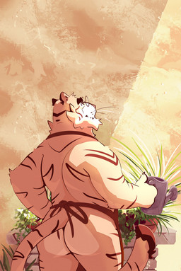 anthro apron biped black_eyebrows butt clothing container cup eyebrows eyewear fur glasses holding_container holding_cup holding_mug holding_object male markings mouth_closed mug overweight overweight_anthro overweight_male plant rear_view round_glasses solo standing striped_arms striped_markings striped_neck striped_tail stripes tail tail_markings yellow_body yellow_fur chocolateandmilk felid mammal pantherine tiger digital_media_(artwork) hi_res portrait three-quarter_portrait