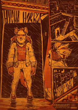 anthro belt biped bottomwear building city cityscape clenched_teeth clothed clothing collar door female jacket open_door pants raining shirt solo spiked_collar spikes standing tail teeth text text_on_clothing text_on_shirt text_on_topwear topwear alekksandar conditional_dnp marrow_(alekksandar) hyena mammal spotted_hyena comic digital_drawing_(artwork) digital_media_(artwork) hi_res