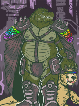 anthro anthro_on_anthro armor belly biceps big_muscles bodily_fluids boots bulge cape clothing dominant drooling duo fangs footwear fur gender_symbol harness hypnotic_clothing hypnotic_visor larger_dom leather leather_daddy looking_at_viewer lying male male_symbol mind_control musclegut muscular muscular_dom muscular_male nipple_piercing nipples overweight pecs piercing pose rainbow saliva shoes size_difference slave spikes submissive submissive_male symbol teeth thong underwear visor yellow_body yellow_fur dramamine khorax alligator alligatorid bear crocodilian mammal reptile scalie