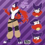 anthro blush bottomwear claws clothing embarrassed fluffy_chest fur gloves grin handwear male pants purple_body purple_fur scarf sharp_teeth shirtless smile solo teeth tongue tattoorexy bandai_namco digimon digimon_(species) hybrid impmon strabimon hi_res