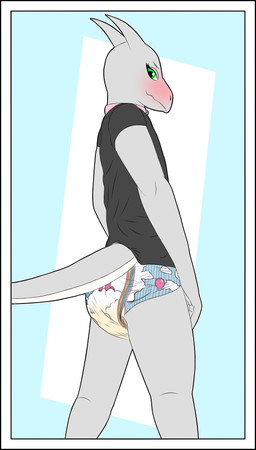 anthro black_border blush bodily_fluids border butt clean_diaper clothed clothing collar diaper embarrassed exposed_diaper eyelashes femboy genital_fluids looking_back low-angle_view male pantsless rear_view shirt solo tail tinytails_(diaper) topwear unclean_diaper urine used_diaper wearing_diaper wet_diaper onesaucydragon abuniverse mythology tinytails_(abuniverse) saulamander dragon mythological_creature mythological_scalie scalie absurd_res hi_res