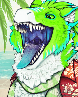 anthro blue_tongue bodily_fluids cheek_tuft clothed clothing facial_tuft front_view fur glistening glistening_eyes green_body green_eyes green_fur male male_anthro mouth_shot open_clothing open_mouth open_topwear outside palm_leaves pupils red_clothing red_topwear saliva saliva_string sharp_teeth sky slim_anthro slim_male slit_pupils solo teeth tongue tongue_out topwear tuft water white_body white_fur acidic mythology dragon furred_dragon furred_scalie mythological_creature mythological_scalie scalie hi_res signature