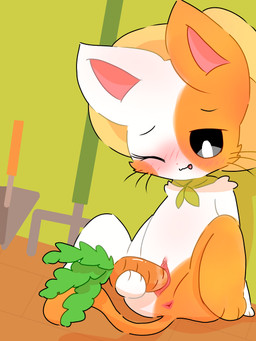 anthro anus black_eyes blush bodily_fluids carrot_dildo clothing eyelashes female female_anthro floor food food_fetish food_in_pussy food_insertion food_play fur genital_fluids genitals green_background hat headgear headwear humanoid_genitalia humanoid_vulva improvised_dildo improvised_sex_toy inside leaning_on_wall looking_pleasured mostly_nude multicolored_body multicolored_fur nude nude_anthro nude_female one_eye_closed open_mouth orange_body orange_ears orange_fur orange_spots orange_tail penetration pink_anus pink_inner_ear pink_nose pink_vulva rake shawl simple_background sitting solo spots spread_legs spreading sun_hat tail tools trowel two_tone_body two_tone_fur vaginal vaginal_fluids vaginal_penetration vulva white_body white_ears white_fur wood wood_floor conditional_dnp xammyxx meow_tower domestic_cat felid feline felis mammal 2026 3:4 digital_media_(artwork) hi_res ibispaint_(artwork) signature watermark
