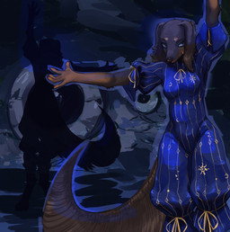 anthro black_body black_fur blue_clothing bow_ribbon breasts clothing duo embroidery eyeball female floppy_ears fluffy fluffy_tail fur giant_eye making_contact nipple_outline pose small_breasts tail tawny_fur nchprous bloodborne elden_ring fromsoftware sony_corporation sony_interactive_entertainment touhou angel_shadow brain_of_mensis canid canine canis dachshund domestic_dog hunting_dog long-haired_dachshund mammal monster hi_res