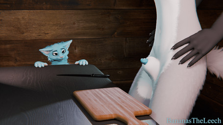 animal_genitalia animal_penis anthro balls bedroom_eyes blue_body blue_fur bouncing_balls cutting_board duo ear_flick ears_up erection female fur furniture genitals gloves_(marking) green_eyes grey_body grey_fur half-erect imminent_castration knife male male/female markings multicolored_body multicolored_fur narrowed_eyes penis pink_nose seductive sheath smile swinging_penis table white_body white_fur wide_eyed bananastheleech maxnoward_(modeler) ruaidri_(modeler) foepaws kraft_trio canid canine felid feline fox mammal 3d_(artwork) 3d_animation animated digital_media_(artwork)