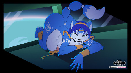 anthro barefoot blue_body blue_fur blue_hair feet female fur green_eyes hair one_eye_closed pregnant pregnant_female solo wink thewilldpink nintendo star_fox krystal_(star_fox) watermark