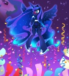 anthro anthrofied blue_body blue_eyes blue_hair blush clothing confetti confetti_streamer feathered_wings feathers female gradient_background group hair horn princess purple_background royalty simple_background swimwear tail wings chinpui friendship_is_magic hasbro my_little_pony mythology princess_celestia_(mlp) princess_luna_(mlp) equid equine mammal mythological_creature mythological_equine winged_unicorn hi_res