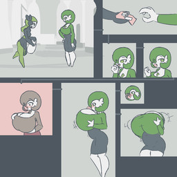 air_inflation bag belly belly_expansion big_belly big_breasts black_clothing black_eyebrows black_mouth black_topwear blowing_bubble_gum blue_eyes blush body_inflation bottomwear breast_expansion breast_grab breast_squish breasts bubble_gum clothing duo expansion eyebrows female green_bottomwear green_clothing green_eyes green_hair green_pants green_topwear grey_background hair hand_on_breast hand_on_own_breast holding_bag huge_breasts hyper hyper_breasts inflation motion_lines not_furry open_mouth pants simple_background smile squish swelling teeth thick_thighs tight_clothing topwear white_body bo-the-sno nintendo pokemon gardevoir generation_3_pokemon generation_5_pokemon humanoid legendary_pokemon meloetta meloetta_(aria_form) pokemon_(species) 1:1 2019 colored comic digital_media_(artwork)