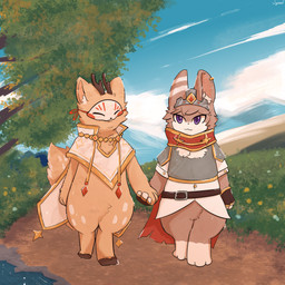 anthro brown_body brown_fur cape clothed clothing digitigrade duo ear_piercing fur gold_(metal) gold_jewelry hooves inner_ear_fluff jewelry male male/male markings mask melee_weapon outside partially_clothed piercing standing sword tail tail_markings tan_body tan_fur tuft weapon white_body syleaf asian_mythology chinese_mythology east_asian_mythology fabulous_beasts mythology sibuxiang_the_deer_(fabulous_beasts) tuye_(fabulous_beasts) deer lagomorph leporid mammal rabbit absurd_res digital_drawing_(artwork) digital_media_(artwork) hi_res