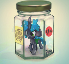 ambiguous_gender blue_body container feral glass glass_container green_eyes grey_body looking_at_viewer smile solo sticker text text_on_sticker impamy friendship_is_magic hasbro my_little_pony pony_cum_jar_project changeling_(mlp) equid equine horse mammal pony 2026 digital_drawing_(artwork) digital_media_(artwork) english_text hi_res meme