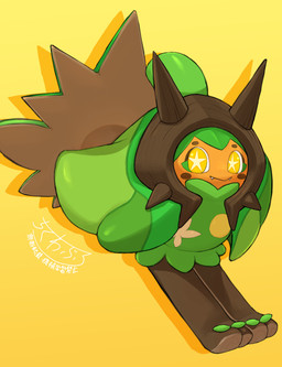 2_horns blue_body cheek_spots fangs green_body horn looking_at_viewer multicolored_body orange_face pose shadow side_view simple_background solo teeth yellow_background yellow_eyes chikuwaburo nintendo pokemon generation_9_pokemon humanoid legendary_pokemon ogerpon pokemon_(species) 2025 absurd_res digital_drawing_(artwork) digital_media_(artwork) hi_res shaded signature soft_shading female_(lore)