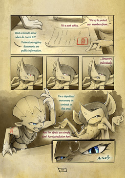 angry anthro arm_tattoo biped blue_eyes chair claws clothing dialogue duo eyelashes female frown furniture inside male page_number paper red_tattoo speech_bubble tattoo text truescorn nintendo pokemon pokemon_mystery_dungeon shadows_for_hire spike_chunsoft orchid_(truescorn) generation_4_pokemon generation_8_pokemon morgrem pokemon_(species) weavile 2025 comic english_text