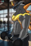 anthro athletic bulge clothing exercise gym male muscular muscular_male pulsing solo sport_pants throbbing underwear workout j450n2080 bandai_namco digimon bulkmon digimon_(species) animated hi_res short_playtime