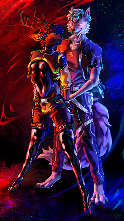 anthro antlers athletic badge barefoot belt belt_buckle between_toes black_hair blue_body blue_fur blue_hair blush bottomwear breasts brown_body brown_fur buckle bulge clothed clothing collar crop_top cropped_jacket cuff_(restraint) cyberpunk cyberpunk_clothes dolphin_shorts dominant dominant_male double duo feet femboy fingers fur garter_belt garter_belt_legwear garter_straps green_eyes grey_body hair handcuffed handcuffs hooves horn latex latex_clothing latex_legwear latex_stockings legwear leotard leotard_under_clothing leotard_under_jacket leotard_under_shorts looking_at_another male male/male metal_cuffs multicolored_body multicolored_fur open_clothing open_shirt open_topwear paws police police_officer pose purple_eyes restraints shirt shorts smirking_at_another smirking_at_partner spread_legs spreading standing standing_on_toes stockings t-shirt tail toes topwear tricolor_fur rinjohnes canid canine canis deer domestic_dog humanoid hybrid mammal wolfdog 9:16 digital_media_(artwork) full-length_portrait hi_res pinup portrait wallpaper