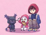 anthro black_body black_claws black_fur claws clothing crouching fur green_eyes group hoodie kerchief male red_clothing topwear trio white_body yellow_eyes mstdndkkkkk bandai_namco digimon digimon_ghost_game gammamon_(ghost_game) hiro_amanokawa blackgatomon_uver. digimon_(species) domestic_cat felid feline felis gammamon human mammal