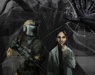 ambiguous_gender applying_makeup armor black_body black_skin bodily_fluids body_armor breaking_glass broken_glass bulletproof_vest containment drooling eager facility female flirting glass group gun imminent_sex inside larger_ambiguous lipstick makeup personal_grooming ranged_weapon reflection reflection_focus rifle saliva scope sharp_teeth size_difference smaller_human smile tactical_gear teeth tentacles teratophilia through_glass trio weapon zarzaliel human mammal monster unknown_species absurd_res hi_res