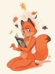 anthro autumn_leaves book breasts cleavage clenched_teeth clothed clothing convenient_censorship eyewear eyewear_only female fur glasses glasses_only holding_book holding_object kneeling leaf looking_aside looking_away navel nude paws sitting smile solo teeth wearing_glasses edtropolis melanie_(edtropolis) canid canine fox mammal 2023 absurd_res hi_res signature