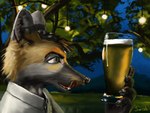 2016 alcohol anthro beer beverage canid canine clothed clothing digital_media_(artwork) dusk fox glass hi_res licking licking_lips male mammal night outside roweland solo swish tongue tongue_out whiskers