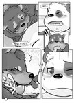 anthro blush bodily_fluids cum dialogue duo ejaculation eyes_closed genital_fluids male male/male one_eye_closed oral overweight overweight_male sweat text gazpacho bear canid canine canis domestic_dog giant_panda mammal 2010 archived_source comic english_text hi_res monochrome