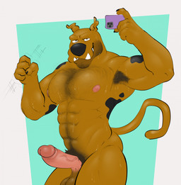 abs armpit_fetish armpit_hair balls biceps black_nose bodily_fluids body_hair chest_hair electronics erection facial_hair front_view genitals grin holding_object holding_phone humanoid_genitalia humanoid_penis looking_at_viewer male markings muscular nipples nude penis phone pink_nipples pubes selfie smile solo spots spotted_body sweat sweatdrop tail teeth_showing doost hanna-barbera scooby-doo_(series) scooby-doo canid canine canis domestic_dog great_dane mammal mastiff molosser hi_res