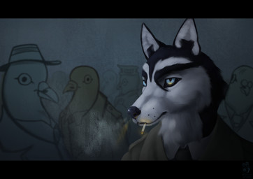 anthro beak black_bars black_body black_eyes black_fur black_nose blue_eyes bow_tie cigarette cigarette_in_mouth cigarette_smoke clothed clothed_anthro clothed_male clothing coat detective eyebrows facial_markings fluffy formal_wear fur glistening glistening_eyes group head_markings headgear headwear inner_ear_fluff male male_focus markings noir object_in_mouth pointy_ears smoke standing thick_eyebrows three-quarter_view topwear trenchcoat tuft whisker_spots white_body white_fur hyacinth1971 the_shadow_syndicate avian bird canid canine canis columbid domestic_dog husky mammal nordic_sled_dog pigeon spitz 2026 absurd_res bust_portrait digital_drawing_(artwork) digital_media_(artwork) hi_res letterbox portrait shaded signature
