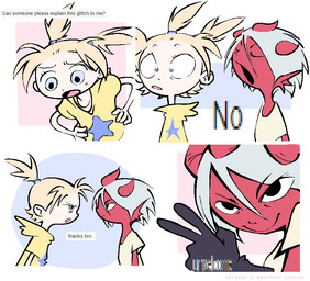 3_horns 4_panel_comic 5_fingers black_clothing black_eyes black_gloves black_handwear blue_eyes clothing dialogue duo eyes_closed female female_human female_humanoid fingers gesture gloves grey_hair hair hand_gesture handwear hoodie horn light_body light_ears light_nose light_skin looking_at_another looking_down multi_horn narrowed_eyes not_furry open_mouth pigtails pink_tongue print_clothing print_hoodie print_topwear pupils red_body red_ears red_horn red_nose red_skin shirt smile star_print star_print_topwear text tongue topwear v_sign white_clothing white_sclera white_shirt white_topwear yellow_clothing yellow_hoodie yellow_topwear stingercorps hannah_(stingerwanjiro) sindy_(stingerwanjiro) human humanoid imp mammal 2021 comic english_text