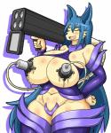 anthro big_breasts blue_hair blush bodily_fluids breast_milking breasts clothed clothing eyes_closed female hair lactating machine milk milk_gun milk_squirt_gun milking_machine ranged_weapon rocket_launcher simple_background skimpy solo weapon dr.bug canid canine mammal 5:6 digital_media_(artwork) hi_res