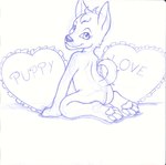 4_toes anthro butt feet female heart_pillow kneeling looking_back nude pawpads pillow simple_background solo text text_on_pillow toes white_background young young_anthro sogaroth canid canine canis domestic_dog mammal 2023 blue_and_white english_text guide_lines hi_res monochrome