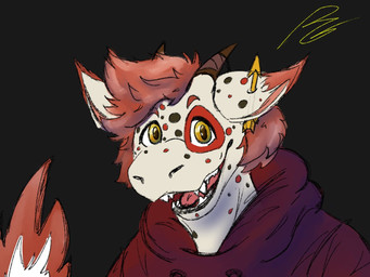 anthro ear_piercing freckles horn male open_mouth piercing simple_background smile solo teeth_showing russetptato rudybold foxbold hybrid scalie 4:3 bust_portrait hi_res portrait