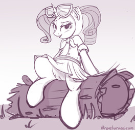 bottomwear clothing eyewear female feral genitals glasses headgear headkerchief headwear horn kerchief log presenting skirt solo text vulva wood braeburned friendship_is_magic hasbro my_little_pony mythology rarity_(mlp) equid equine mammal mythological_creature mythological_equine unicorn digital_media_(artwork) hi_res monochrome url