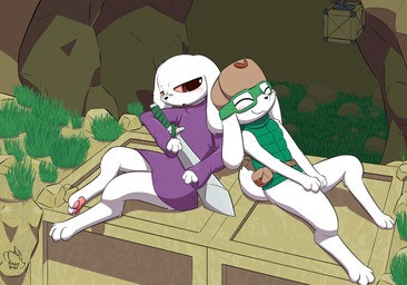 clothing duo eyewear glasses grass green_clothing male male/male melee_weapon paws plant purple_clothing rock sword weapon wearing_glasses feeshyartist cave_story jack_(cave_story) king_(cave_story) lagomorph mammal mimiga absurd_res hi_res