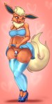 anthro areola biped blonde_hair breasts chastity_cage chastity_device clothed clothing clothing_lift dress dress_lift eyelashes footwear gynomorph hair high_heels intersex nipples pupils shoes smile solo thick_thighs bellenightjoy nintendo pokemon eeveelution flareon generation_1_pokemon pokemon_(species) absurd_res hi_res