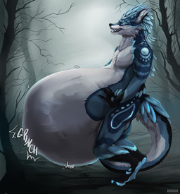 anthro belly big_belly black_markings blue_body blue_fur fur glistening glistening_eyes green_eyes grin head_feathers huge_belly male male_anthro markings nude outside plant side_view smile solo standing text tree vore white_body white_fur roobin canid canine mammal artist_name full-length_portrait hi_res portrait
